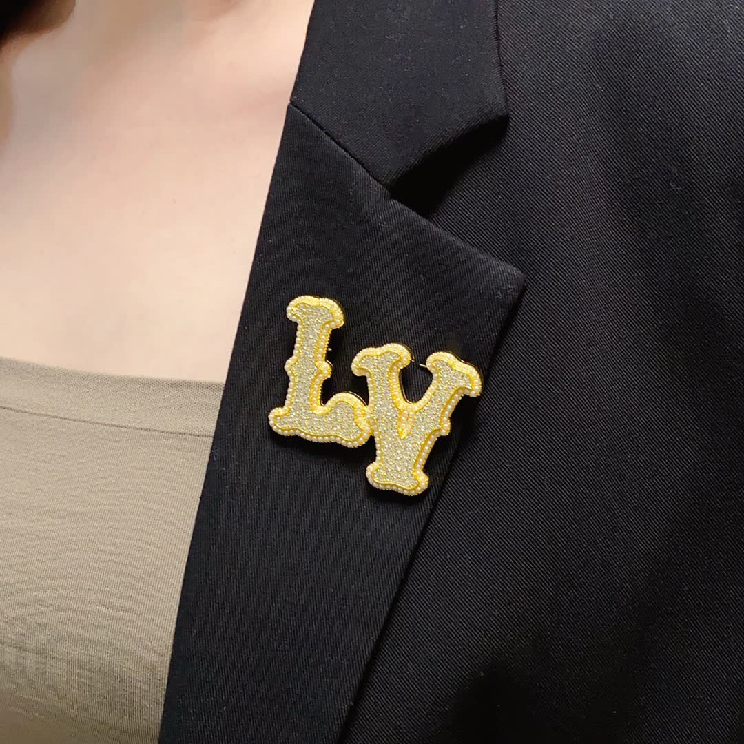 Louis Vuitton Crystal Embellished 'LV' Brooch